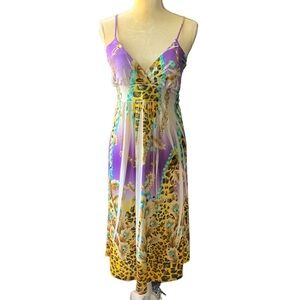 Zenobia Gold & Purple Leopard Peacock Print Sleeveless MIDI Dress